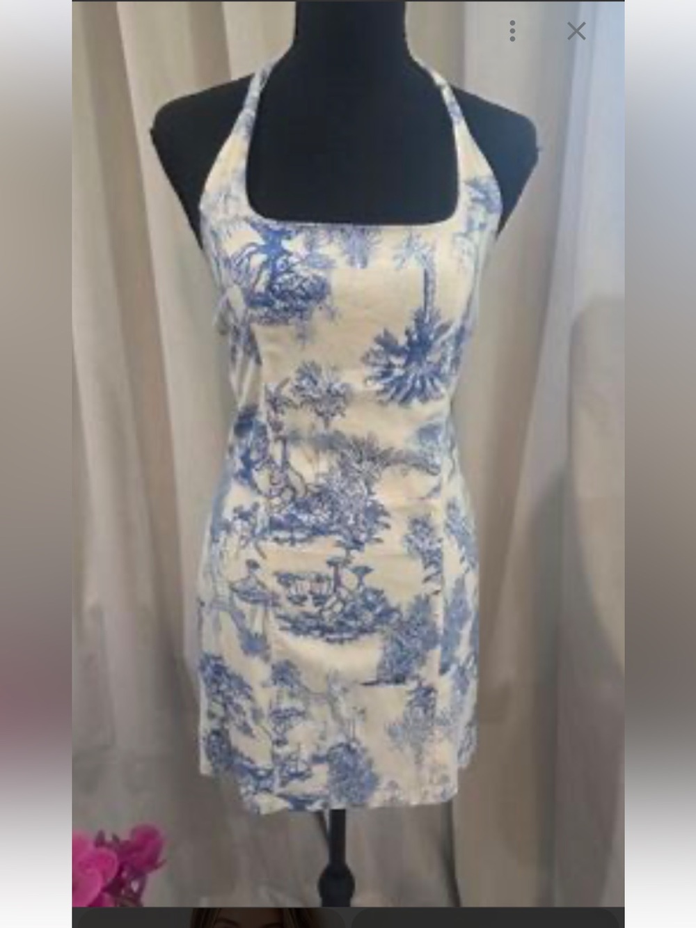 iris White and Blue Toile Halter Mini Dress